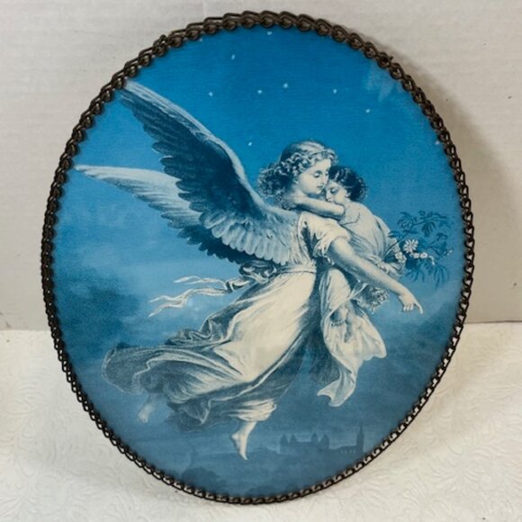 VTG Chain Framed Oval Angel & Child Printing Wall Hanging Picture 11.25"x8" - Picture 2 of 10